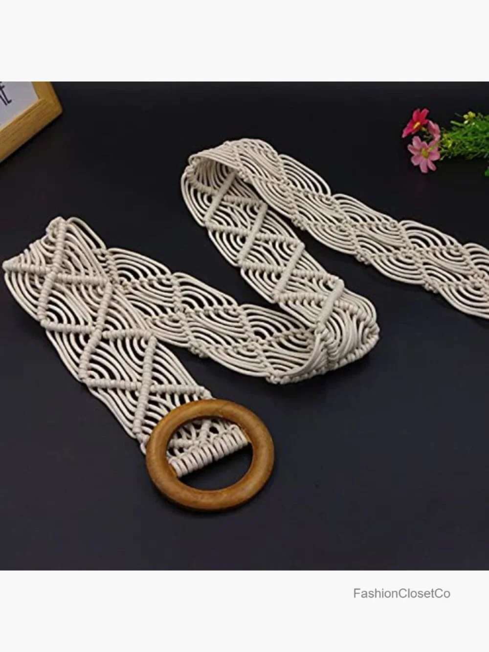 Boho Woven Rattan Straw Rope Braid Waist Belt with O-Ring Wooden Buckle